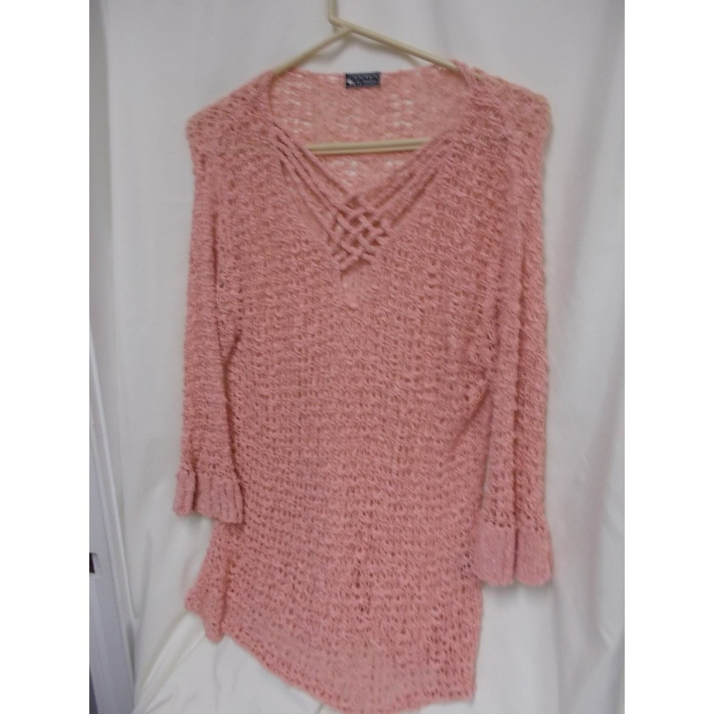 Cahaya by Tanami Pink Open Knit Strappy V-Neck Sweater Ruffle Cuff 3/4 Sleeve - Picture 1 of 6